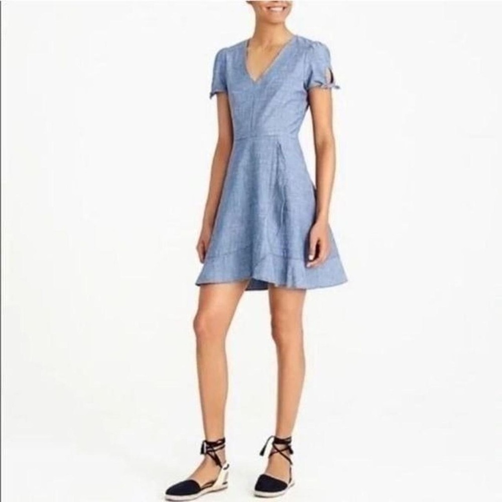 J. Crew Chambray Blue Tie Sleeve V-Neck Faux Wrap Dress Size 12